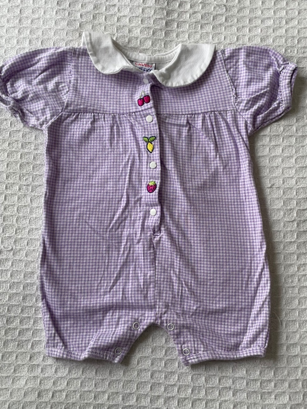 VTG Chubby Cheeks Purple Gingham Romper w/Fruit Detailing